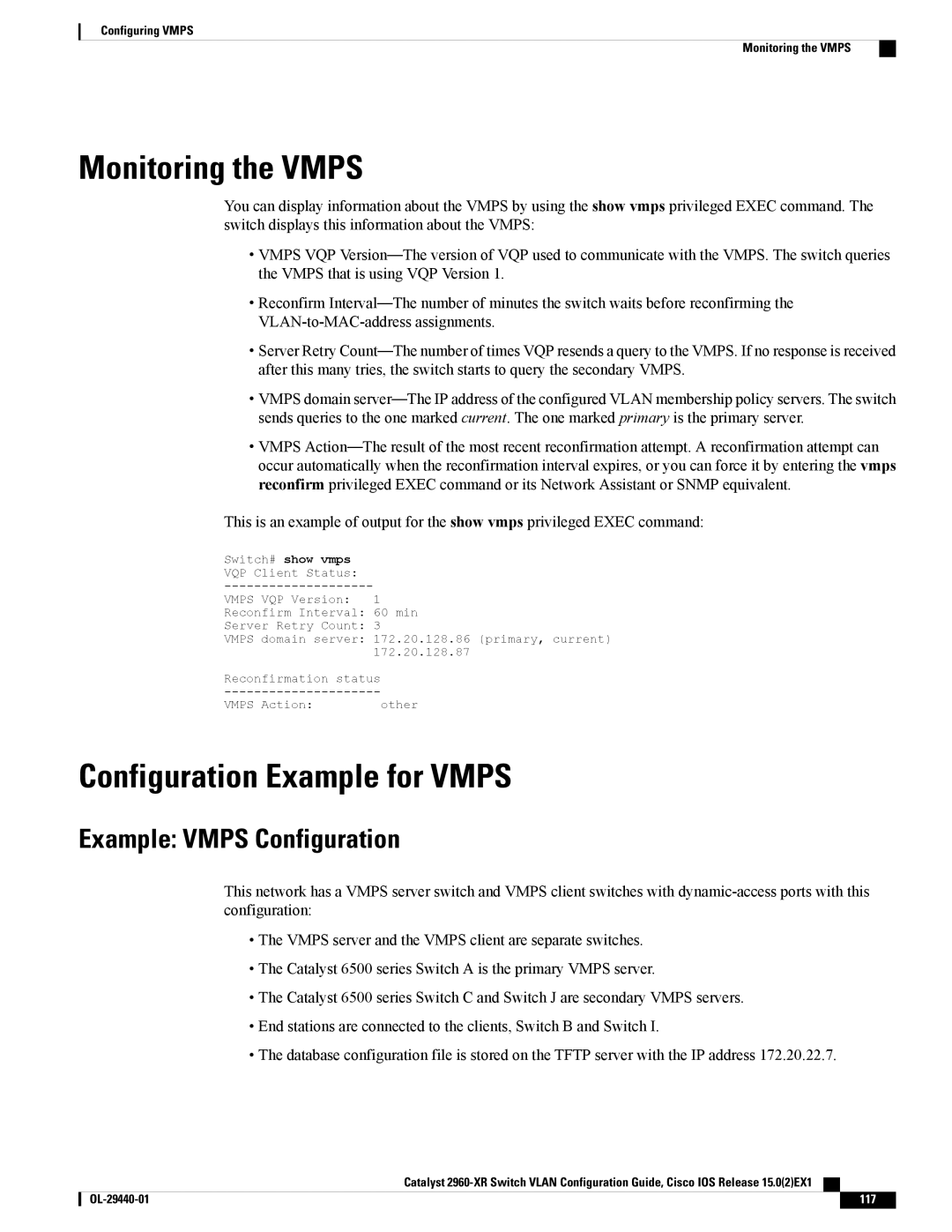 Cisco Systems WSC2960XR48FPSI manual Monitoring the Vmps, Configuration Example for Vmps, Example Vmps Configuration 