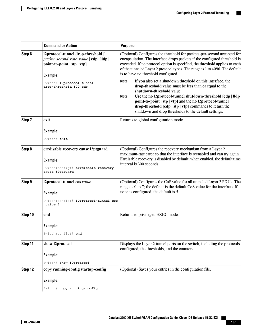 Cisco Systems WSC2960XR48FPSI manual L2protocol-tunnel drop-threshold, Configured, the thresholds, and the counters 