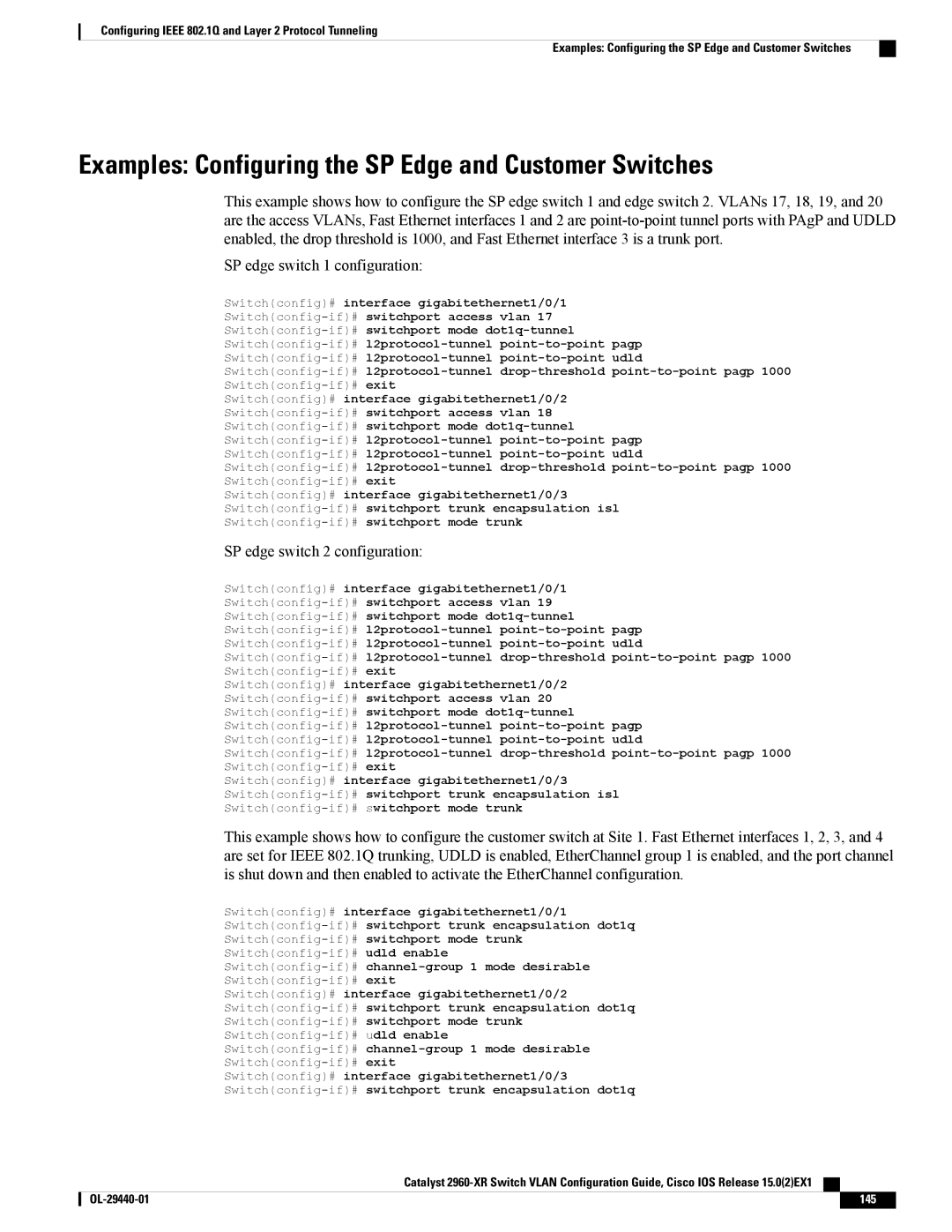 Cisco Systems WSC2960XR48FPSI manual Examples Configuring the SP Edge and Customer Switches, SP edge switch 2 configuration 