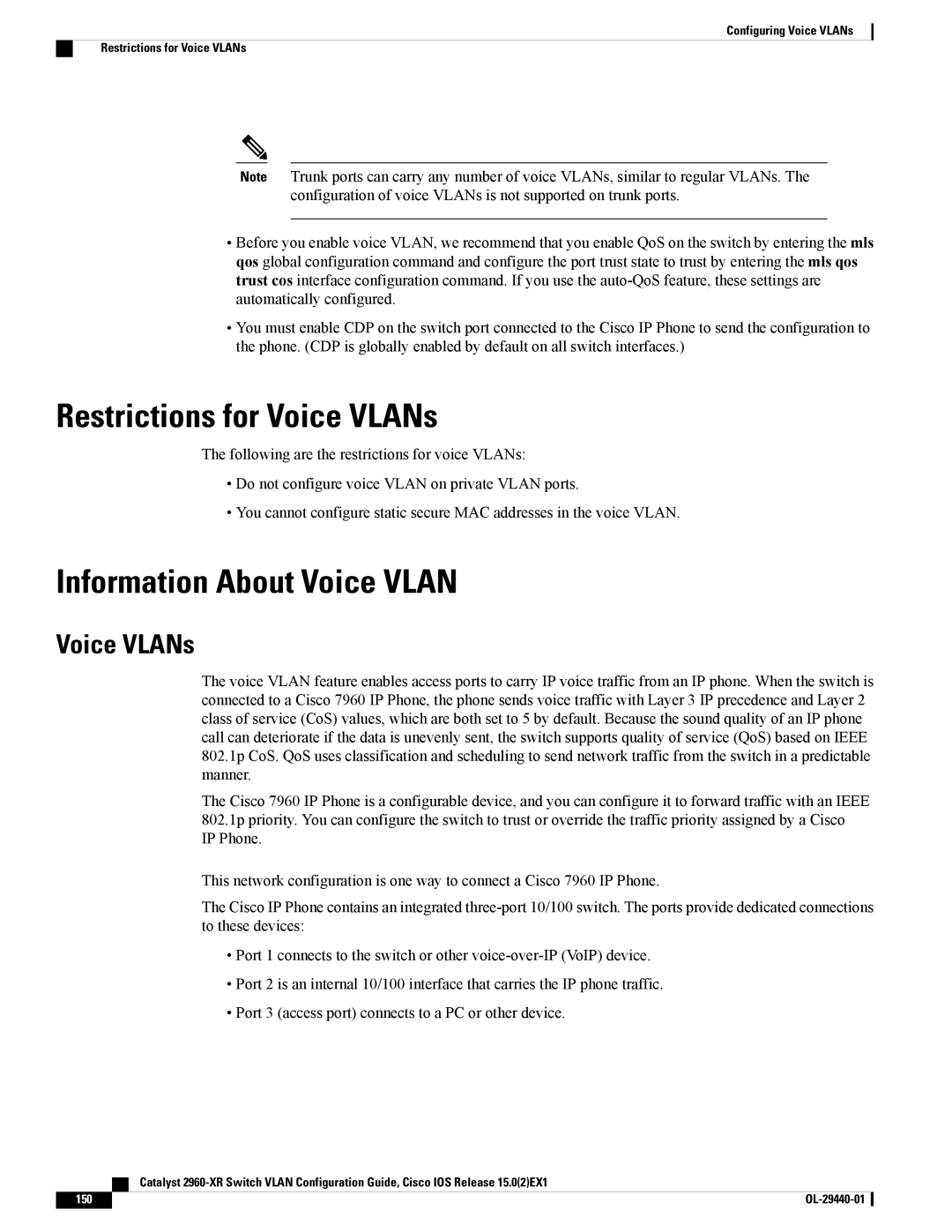 Cisco Systems WSC2960XR48FPSI manual Restrictions for Voice VLANs, Information About Voice Vlan 