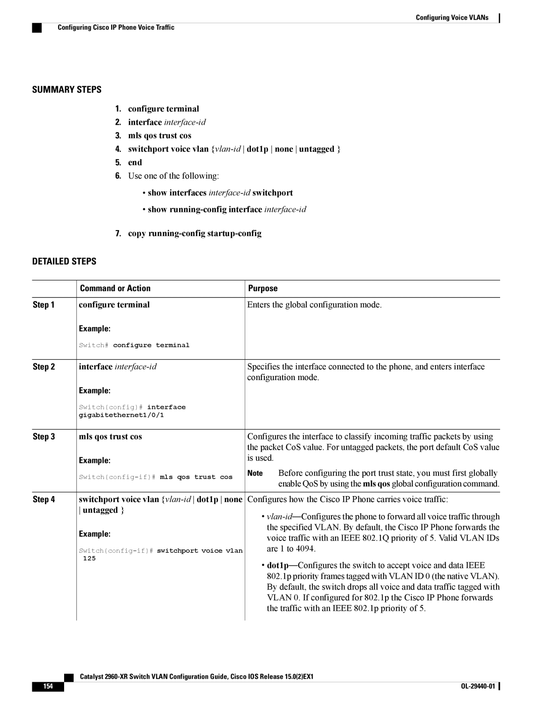 Cisco Systems WSC2960XR48FPSI manual Configure terminal, Mls qos trust cos 