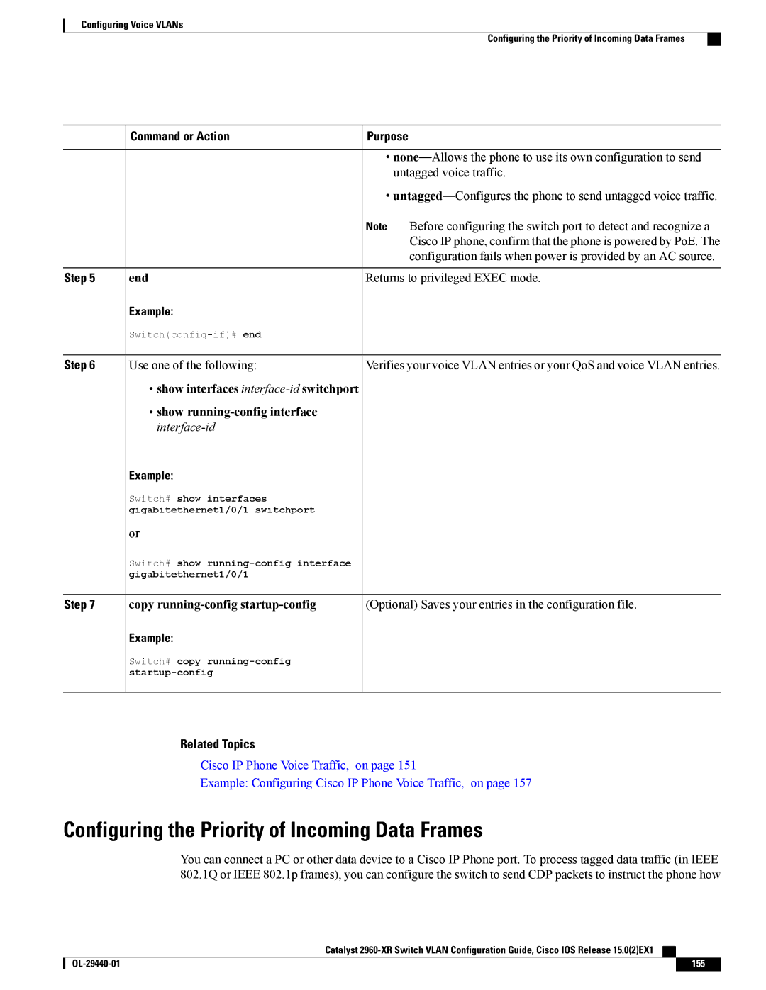 Cisco Systems WSC2960XR48FPSI manual Configuring the Priority of Incoming Data Frames, Command or Action Purpose 