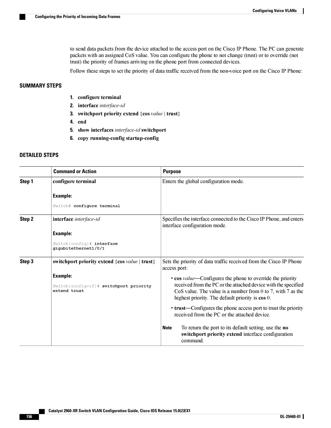 Cisco Systems WSC2960XR48FPSI manual Interface configuration mode, Switchport priority extend cos value trust 