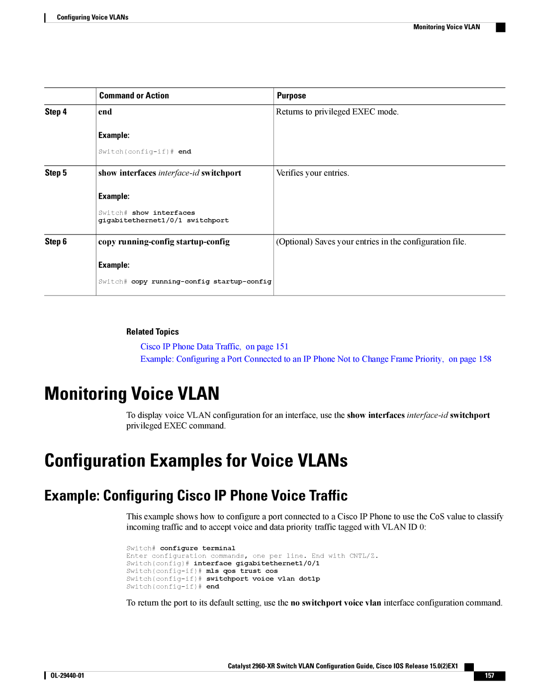 Cisco Systems WSC2960XR48FPSI manual Monitoring Voice Vlan, Configuration Examples for Voice VLANs 