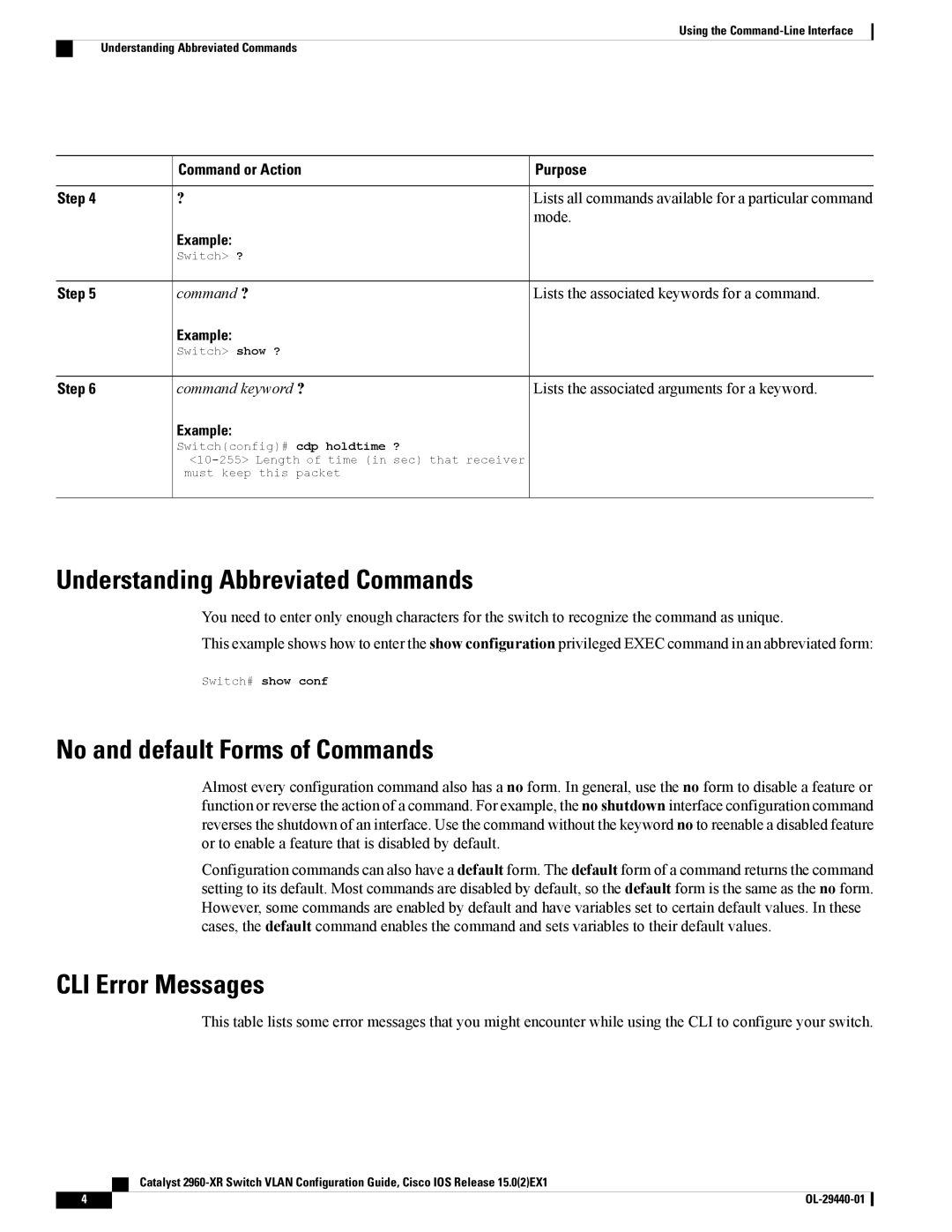 Cisco Systems WSC2960XR48FPSI Understanding Abbreviated Commands, No and default Forms of Commands, CLI Error Messages 