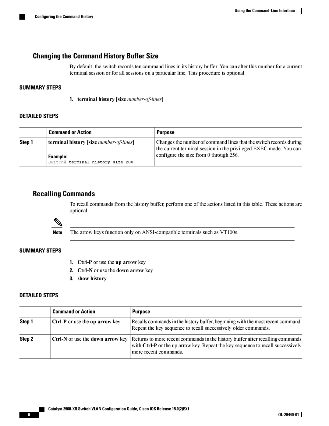 Cisco Systems WSC2960XR48FPSI manual Changing the Command History Buffer Size, Recalling Commands, Command or Action 