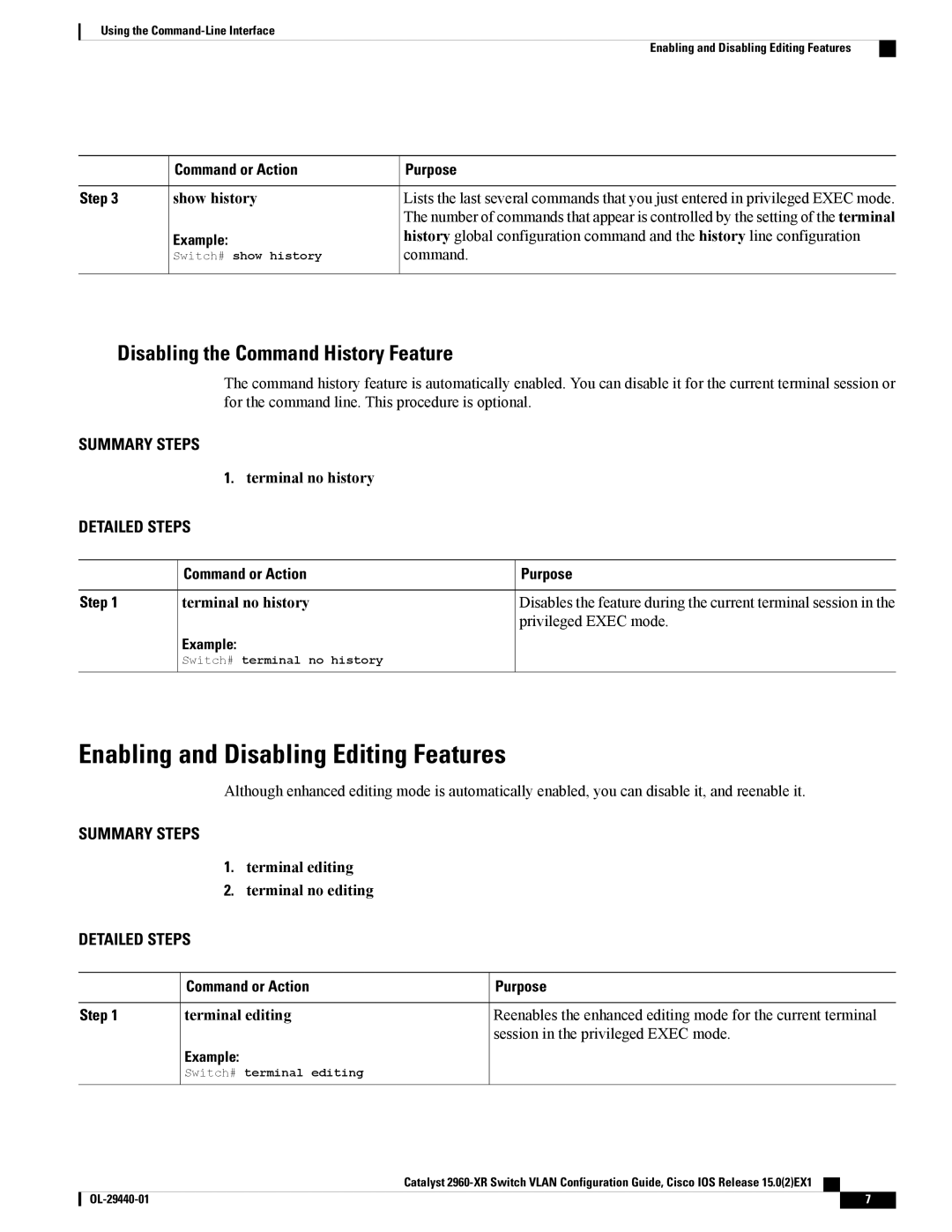 Cisco Systems WSC2960XR48FPSI manual Enabling and Disabling Editing Features, Disabling the Command History Feature 