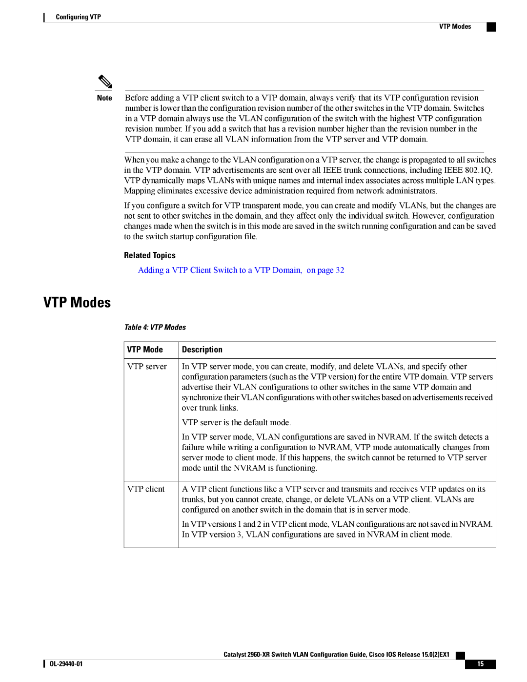 Cisco Systems WSC2960XR48FPSI manual VTP Modes, Related Topics, VTP Mode Description 