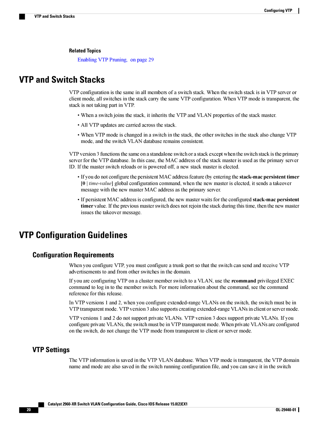 Cisco Systems WSC2960XR48FPSI manual VTP and Switch Stacks, VTP Configuration Guidelines, Configuration Requirements 