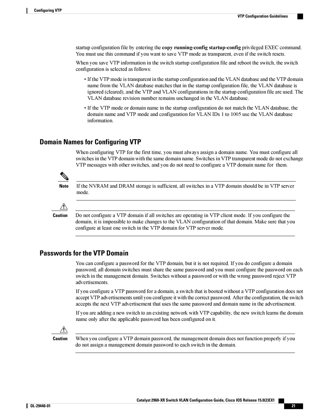 Cisco Systems WSC2960XR48FPSI manual Domain Names for Configuring VTP, Passwords for the VTP Domain 