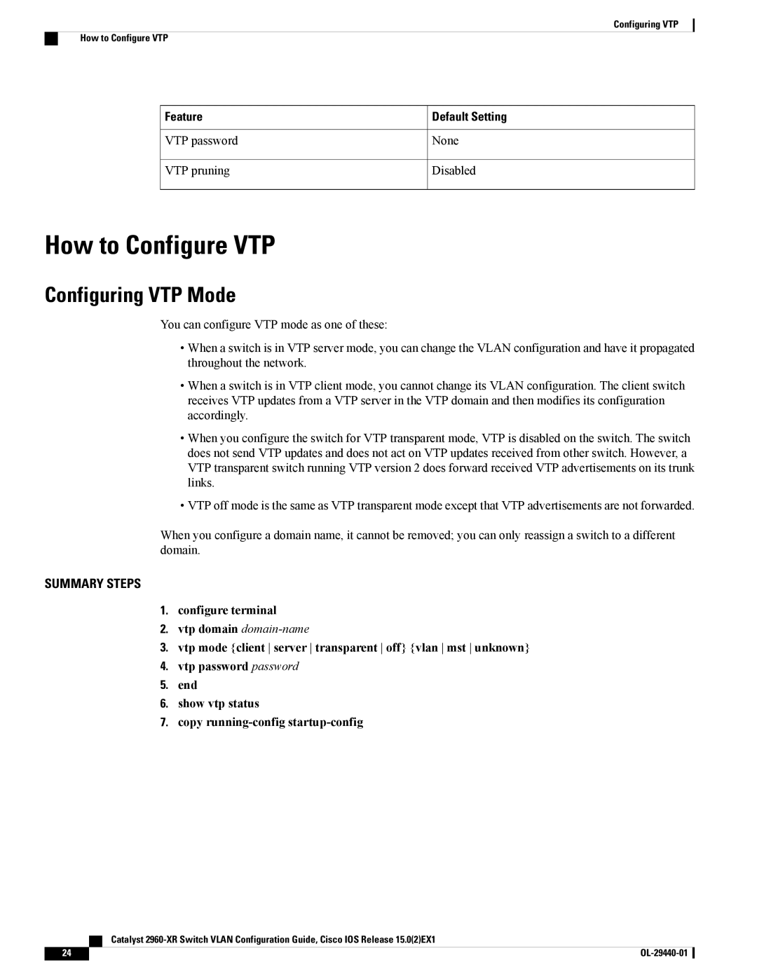 Cisco Systems WSC2960XR48FPSI manual How to Configure VTP, Configuring VTP Mode 