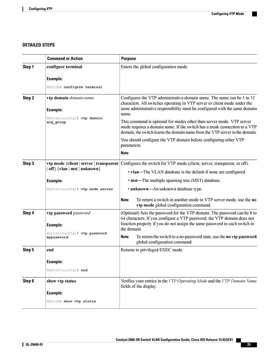 Cisco Systems WSC2960XR48FPSI manual Configure terminal Enters the global configuration mode, Switch# show vtp status 