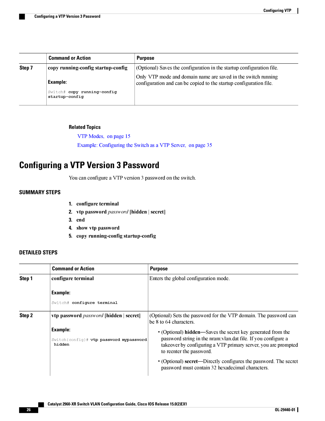 Cisco Systems WSC2960XR48FPSI manual Configuring a VTP Version 3 Password, Related Topics Purpose, Configure terminal 