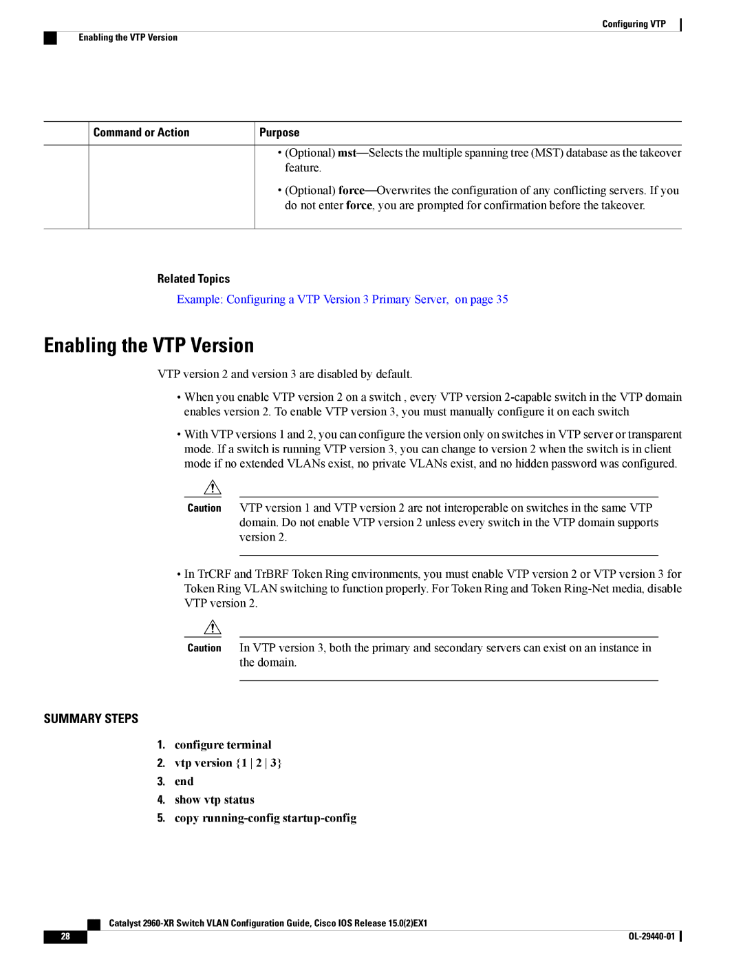 Cisco Systems WSC2960XR48FPSI manual Enabling the VTP Version, Command or Action Purpose 