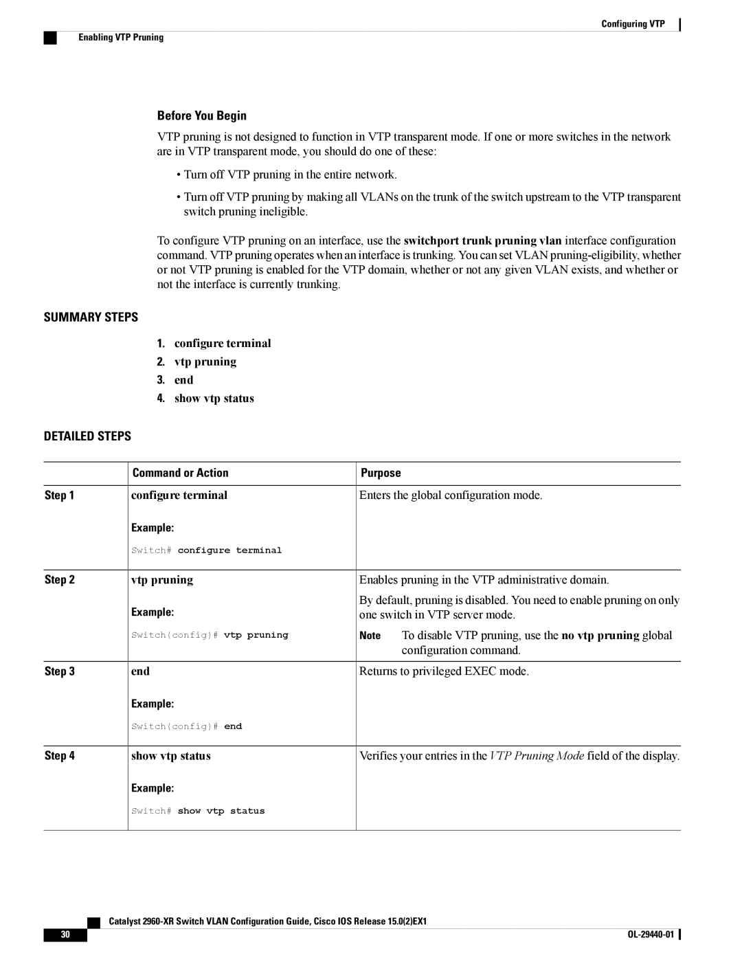 Cisco Systems WSC2960XR48FPSI manual Before You Begin, Configure terminal Vtp pruning End Show vtp status 