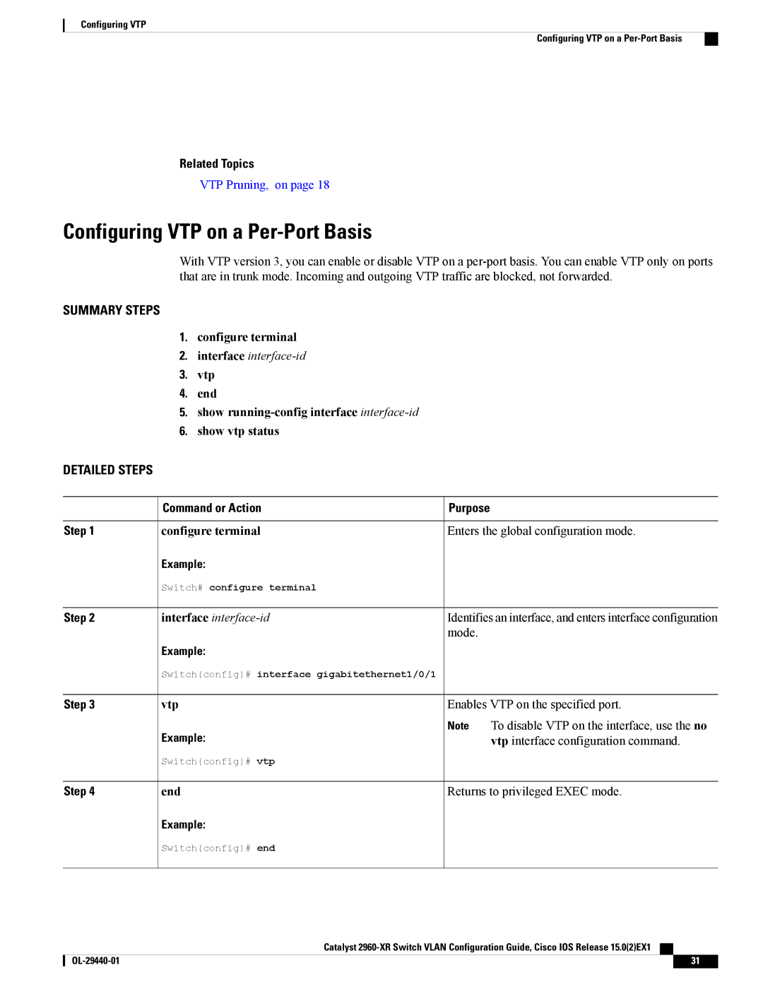 Cisco Systems WSC2960XR48FPSI manual Configuring VTP on a Per-Port Basis, Vtp 