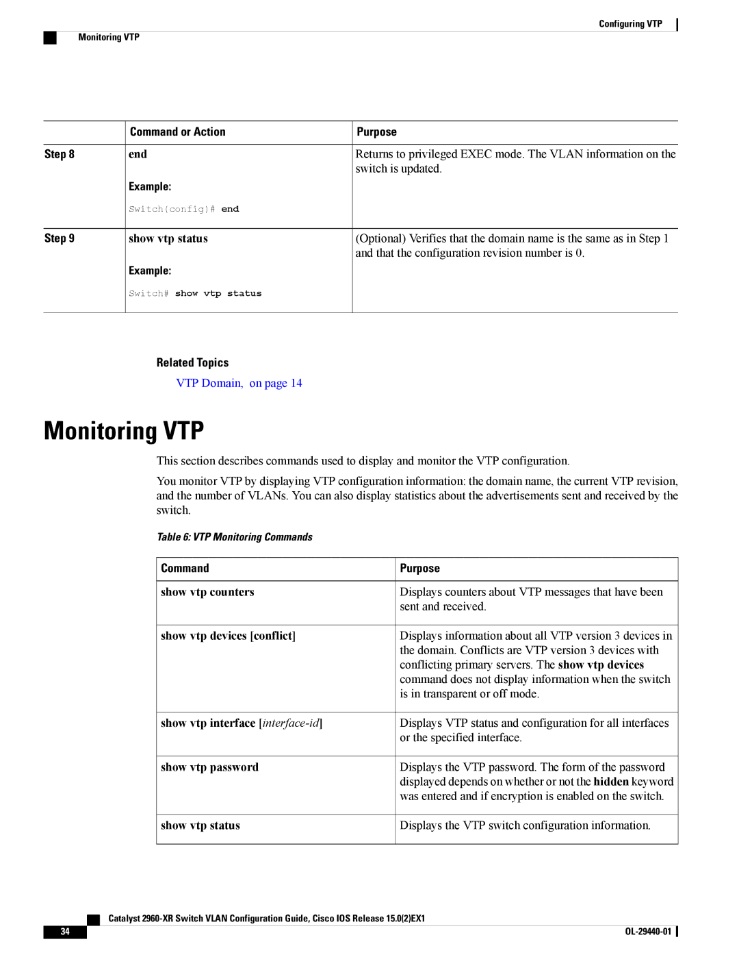 Cisco Systems WSC2960XR48FPSI manual Monitoring VTP, Command Purpose, Show vtp counters, Show vtp devices conflict 