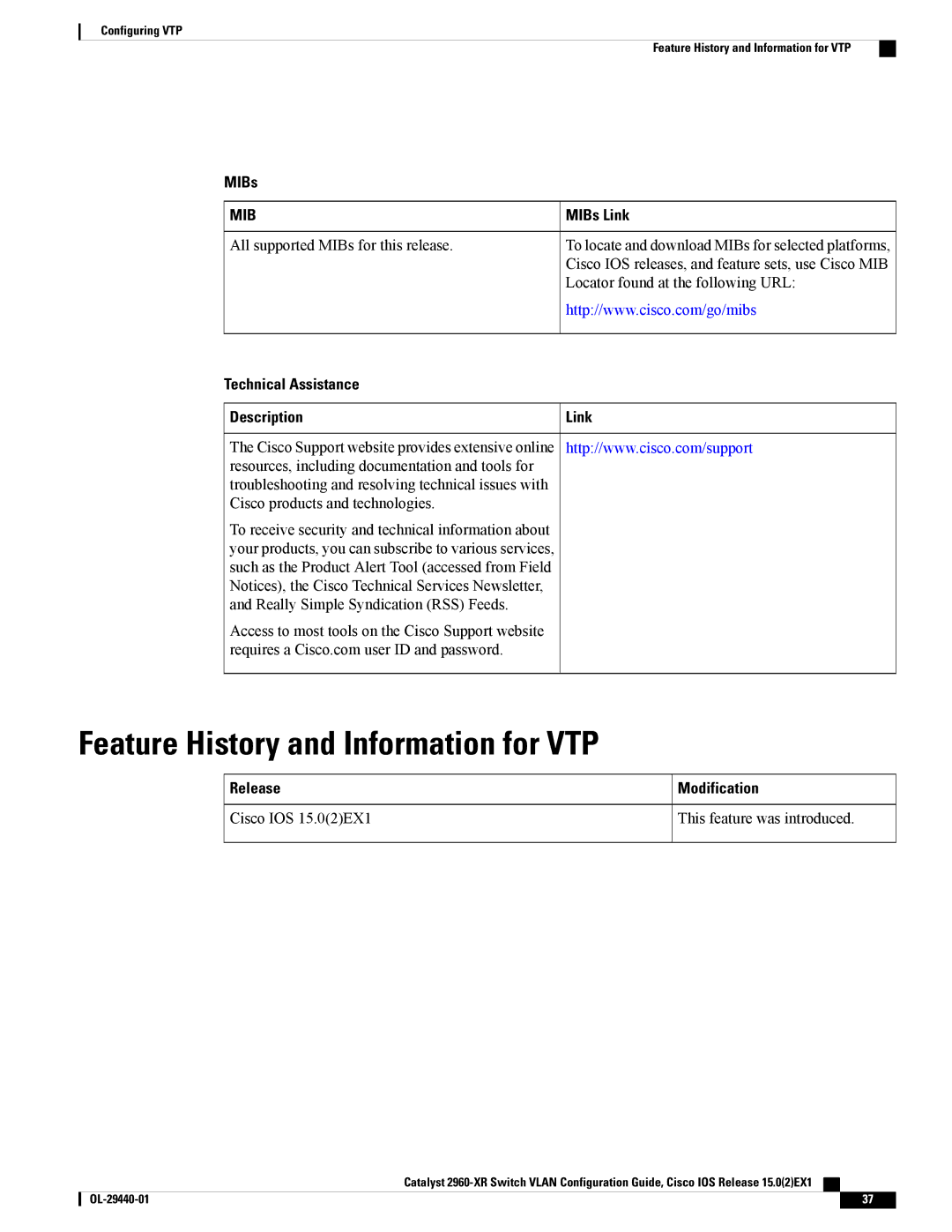 Cisco Systems WSC2960XR48FPSI manual Feature History and Information for VTP, Technical Assistance Description Link 