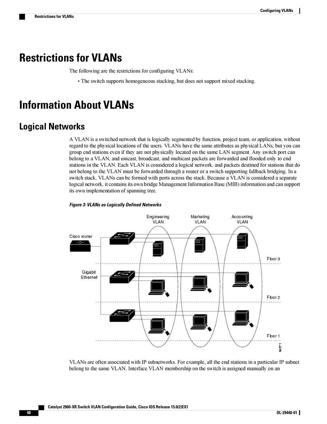 Cisco Systems WSC2960XR48FPSI manual Restrictions for VLANs, Information About VLANs, Logical Networks 