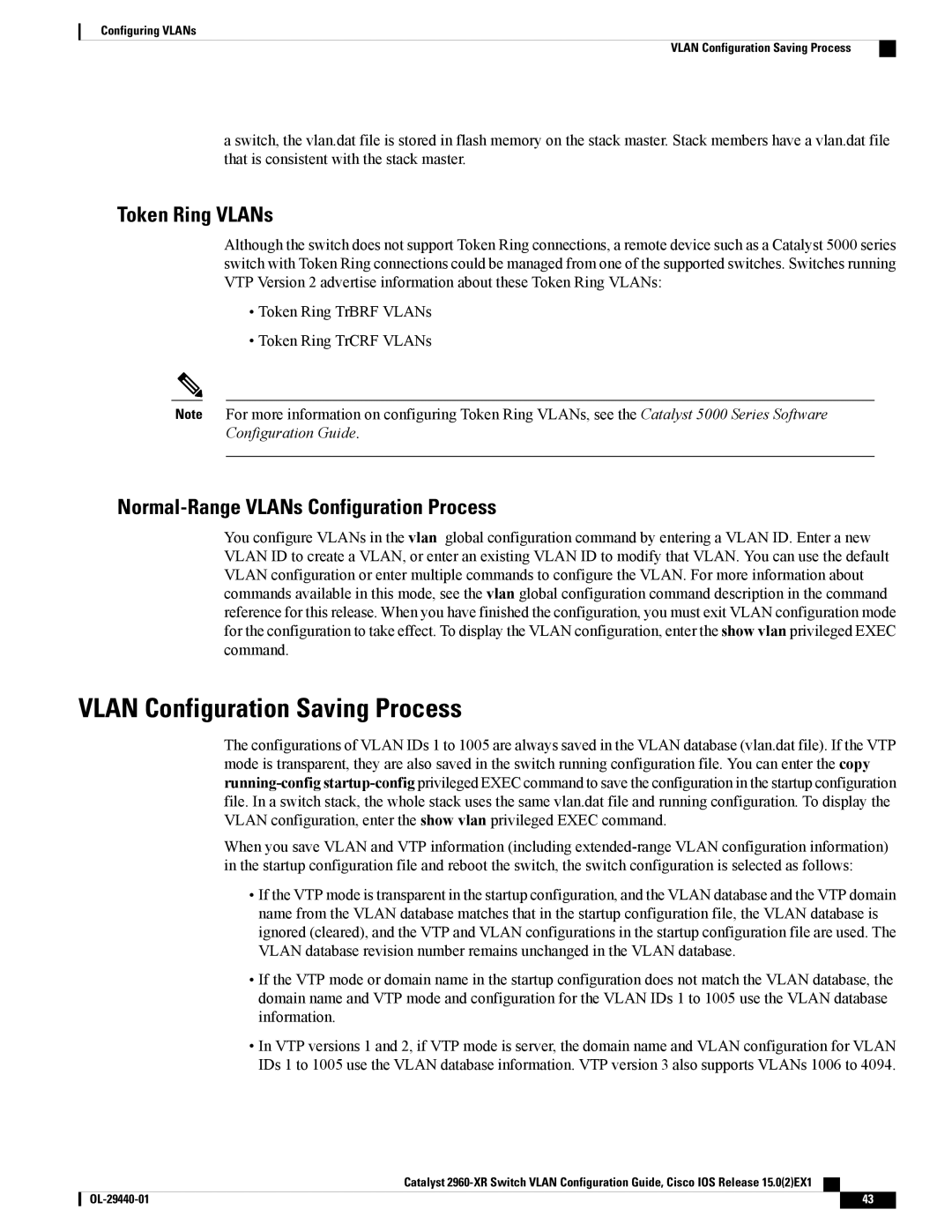 Cisco Systems WSC2960XR48FPSI manual Vlan Configuration Saving Process, Token Ring VLANs 