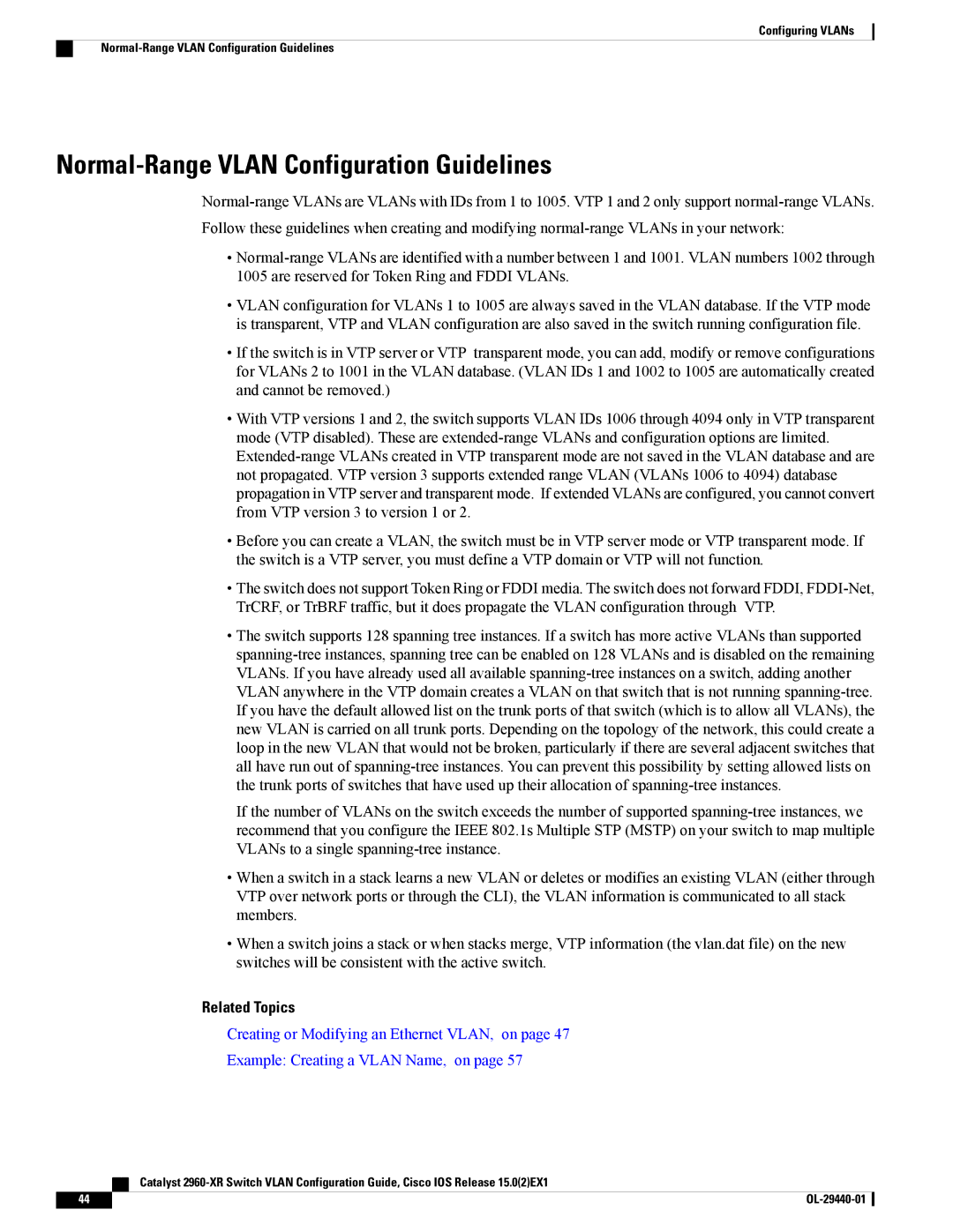 Cisco Systems WSC2960XR48FPSI manual Normal-Range Vlan Configuration Guidelines, Related Topics 