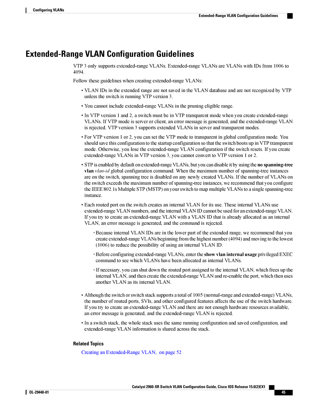 Cisco Systems WSC2960XR48FPSI manual Extended-Range Vlan Configuration Guidelines, Creating an Extended-Range VLAN, on 