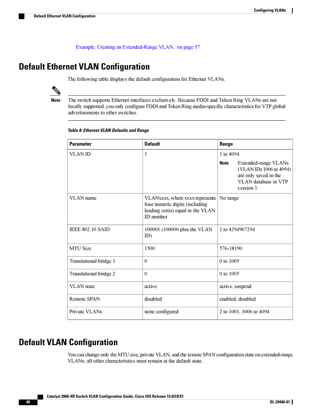 Cisco Systems WSC2960XR48FPSI Default Ethernet Vlan Configuration, Default Vlan Configuration, Parameter Default Range 