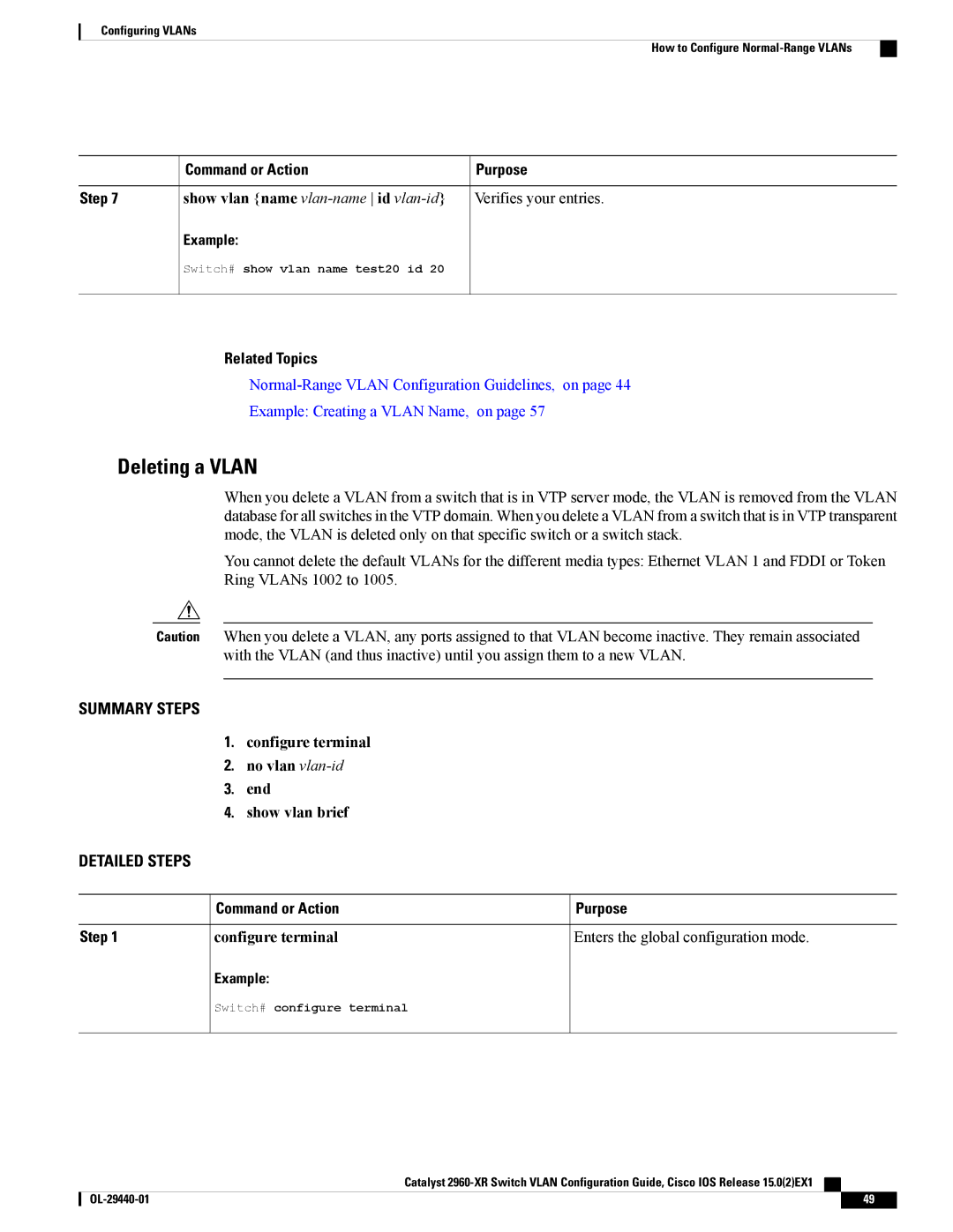 Cisco Systems WSC2960XR48FPSI manual Deleting a Vlan, Show vlan name vlan-name id vlan-id 