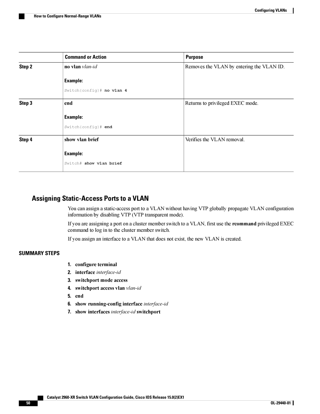 Cisco Systems WSC2960XR48FPSI manual Assigning Static-Access Ports to a Vlan, End Returns to privileged Exec mode 