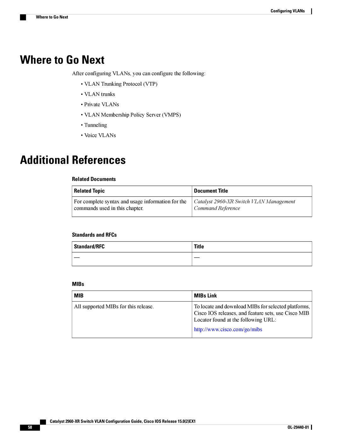 Cisco Systems WSC2960XR48FPSI manual Related Documents Related Topic, Standards and RFCs Standard/RFC MIBs, Title MIBs Link 