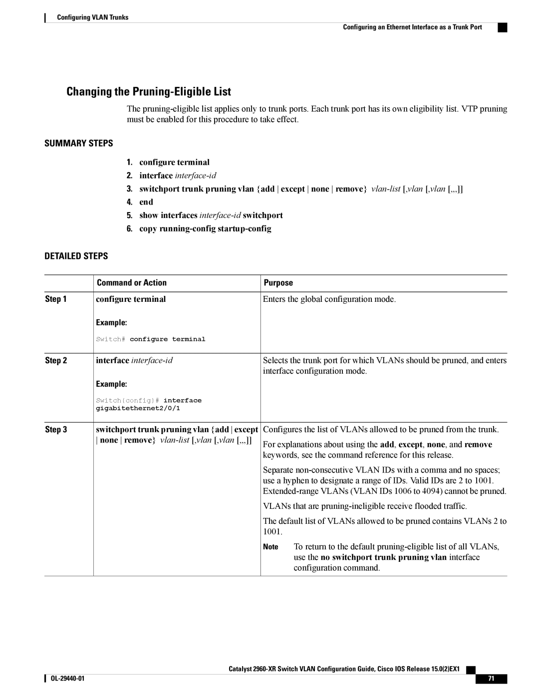 Cisco Systems WSC2960XR48FPSI manual Changing the Pruning-Eligible List, Interface configuration mode 