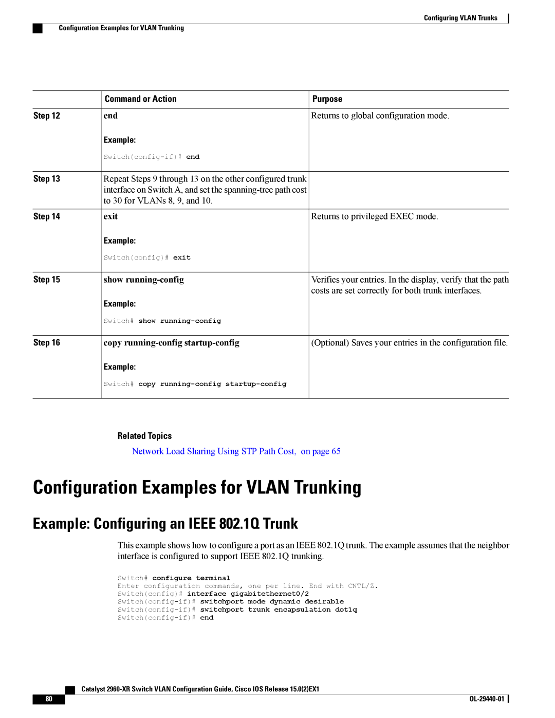 Cisco Systems WSC2960XR48FPSI manual Configuration Examples for Vlan Trunking, Example Configuring an Ieee 802.1Q Trunk 