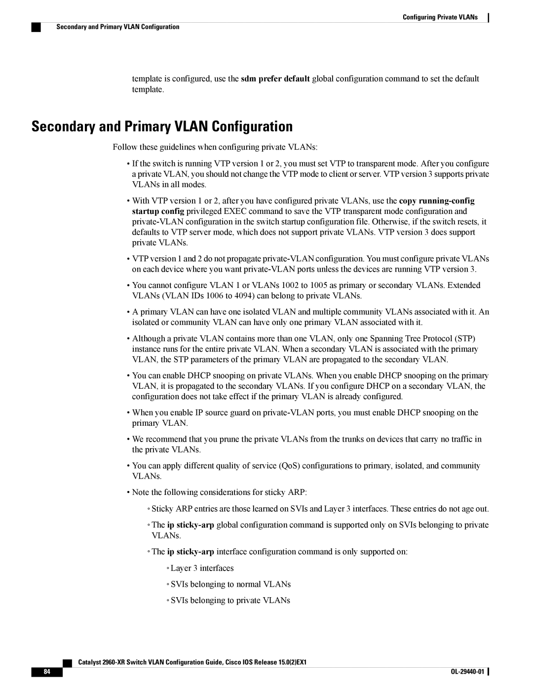 Cisco Systems WSC2960XR48FPSI manual Secondary and Primary Vlan Configuration 