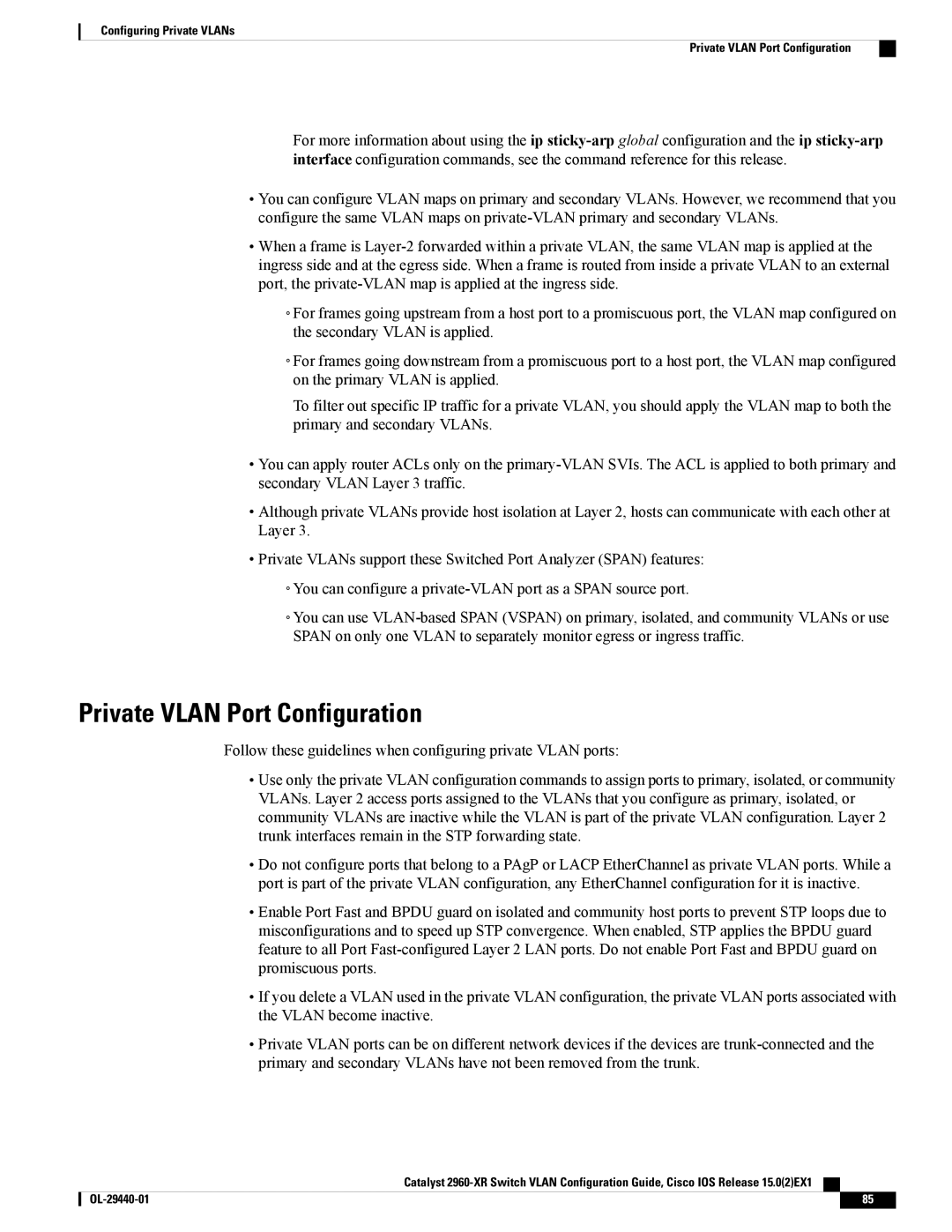 Cisco Systems WSC2960XR48FPSI manual Private Vlan Port Configuration 