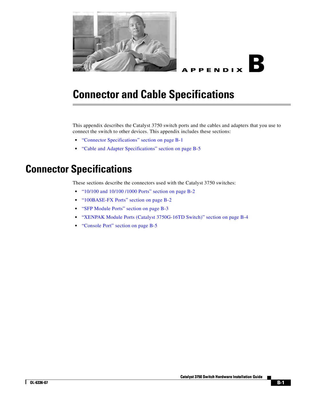 Cisco Systems WSC3750X24TS specifications Connector and Cable Specifications, Connector Specifications, A P P E N D I X B 