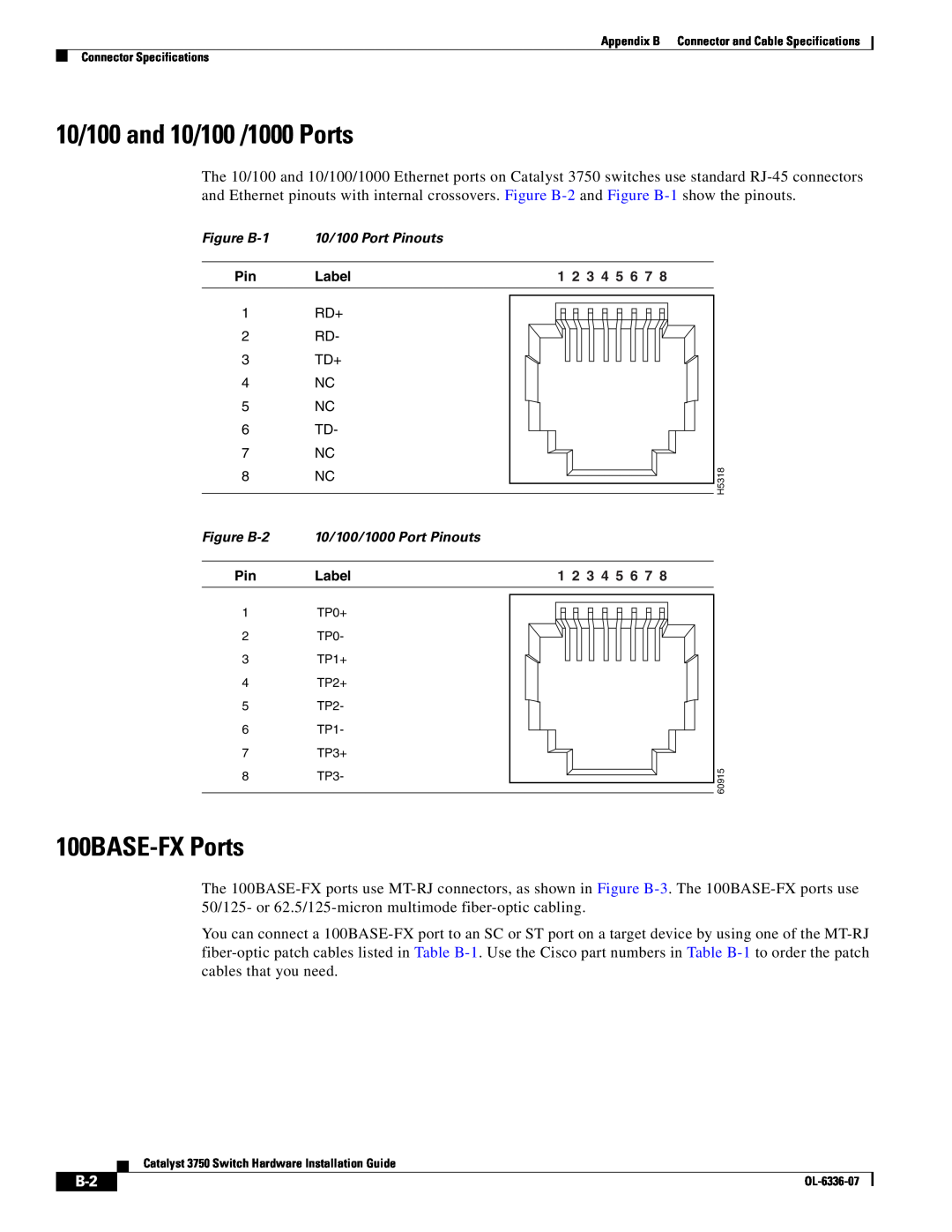 Cisco Systems WSC3750X24TS specifications 10/100 and 10/100 /1000 Ports, 100BASE-FX Ports, Figure B-1 10/100 Port Pinouts 