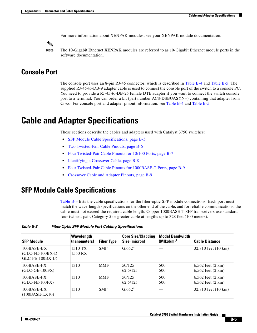 Cisco Systems WSC3750X24TS Cable and Adapter Specifications, SFP Module Cable Specifications, Console Port, Wavelength 