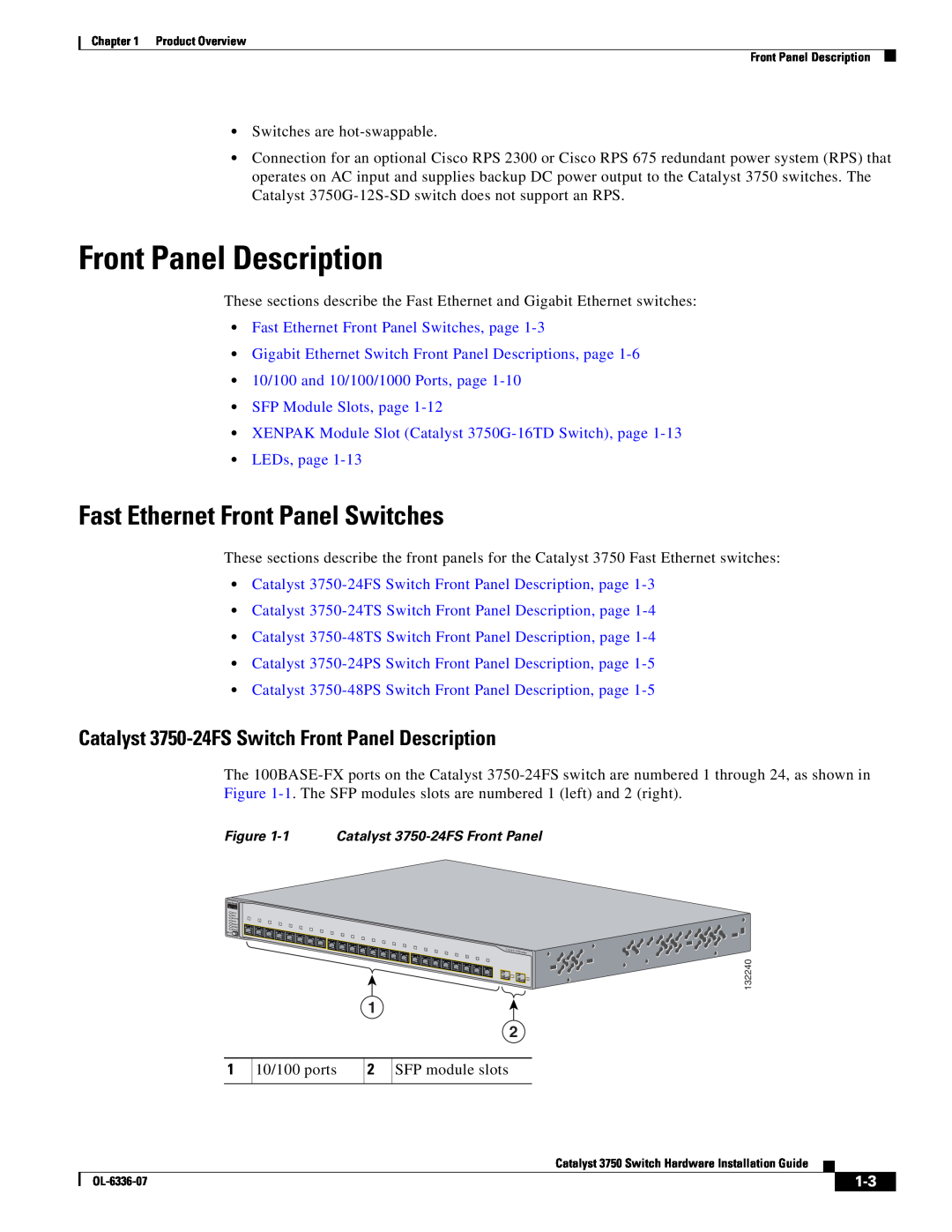 Cisco Systems WSC3750X24TS specifications Front Panel Description, Fast Ethernet Front Panel Switches 