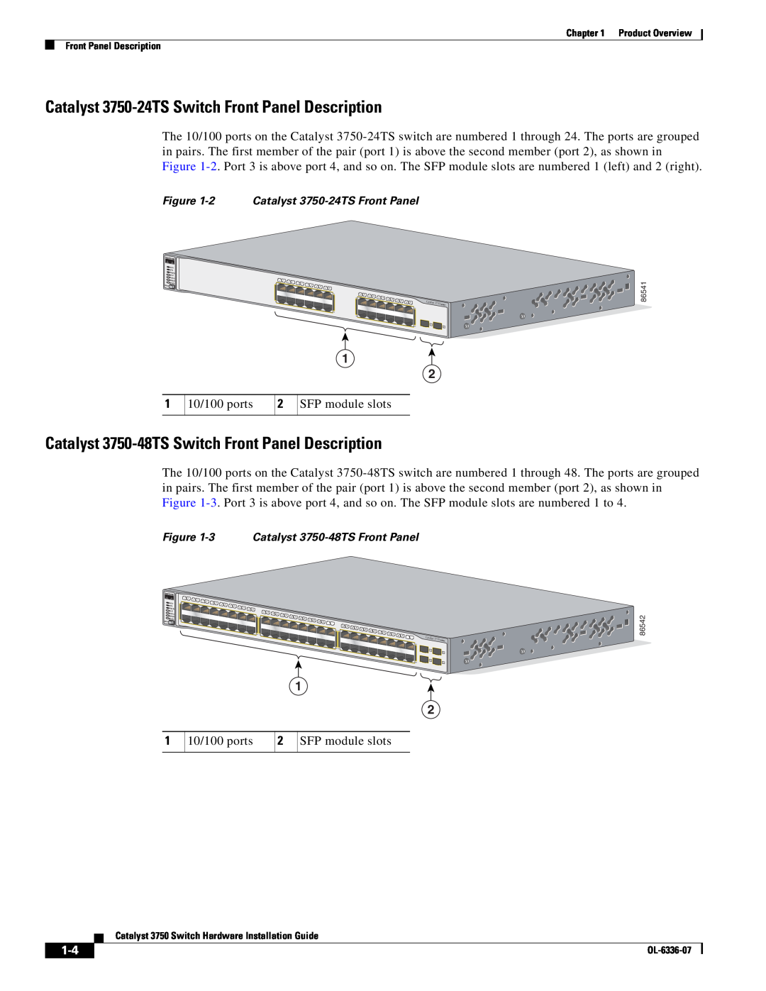 Cisco Systems WSC3750X24TS Catalyst 3750-24TS Switch Front Panel Description, 2 Catalyst 3750-24TS Front Panel 