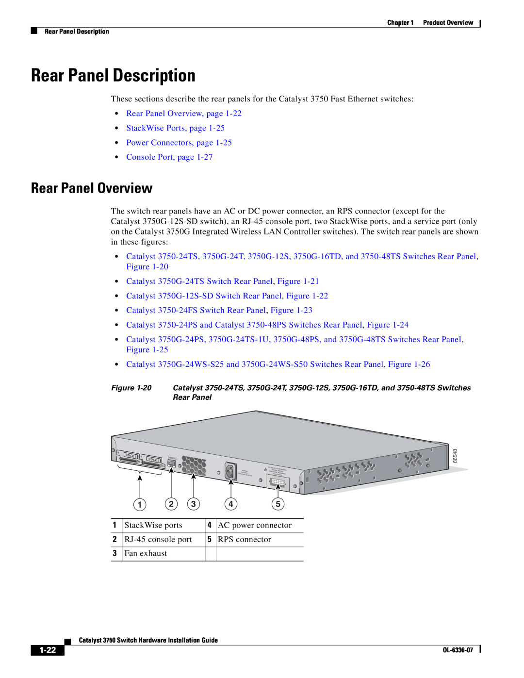 Cisco Systems WSC3750X24TS specifications Rear Panel Description, Rear Panel Overview, page StackWise Ports, page, 1-22 