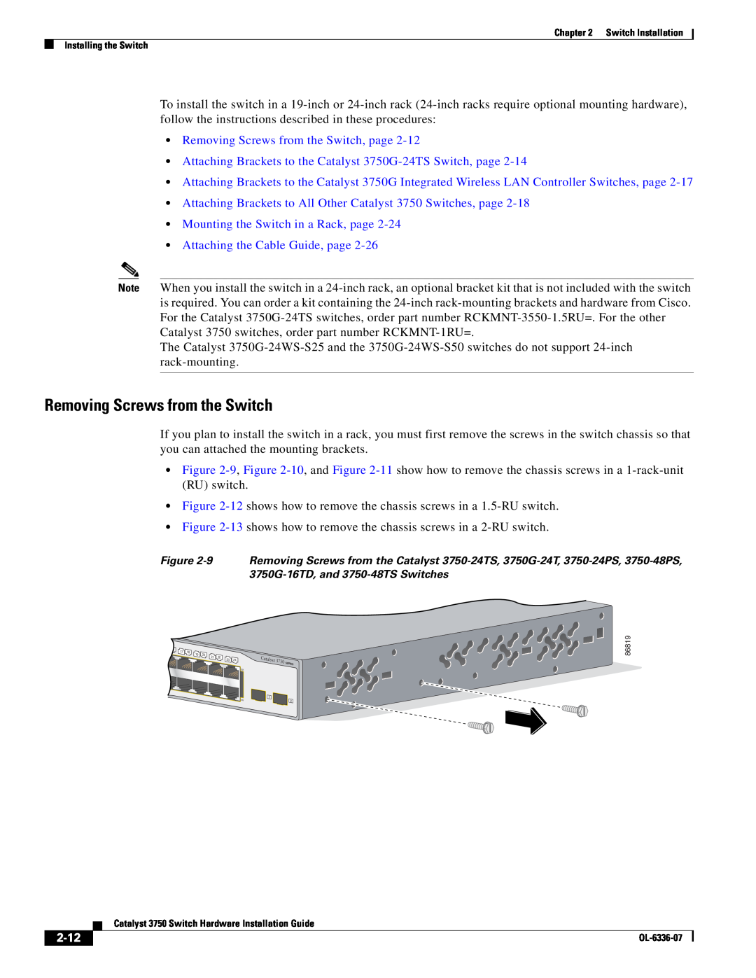 Cisco Systems WSC3750X24TS specifications Removing Screws from the Switch, page, 2-12 