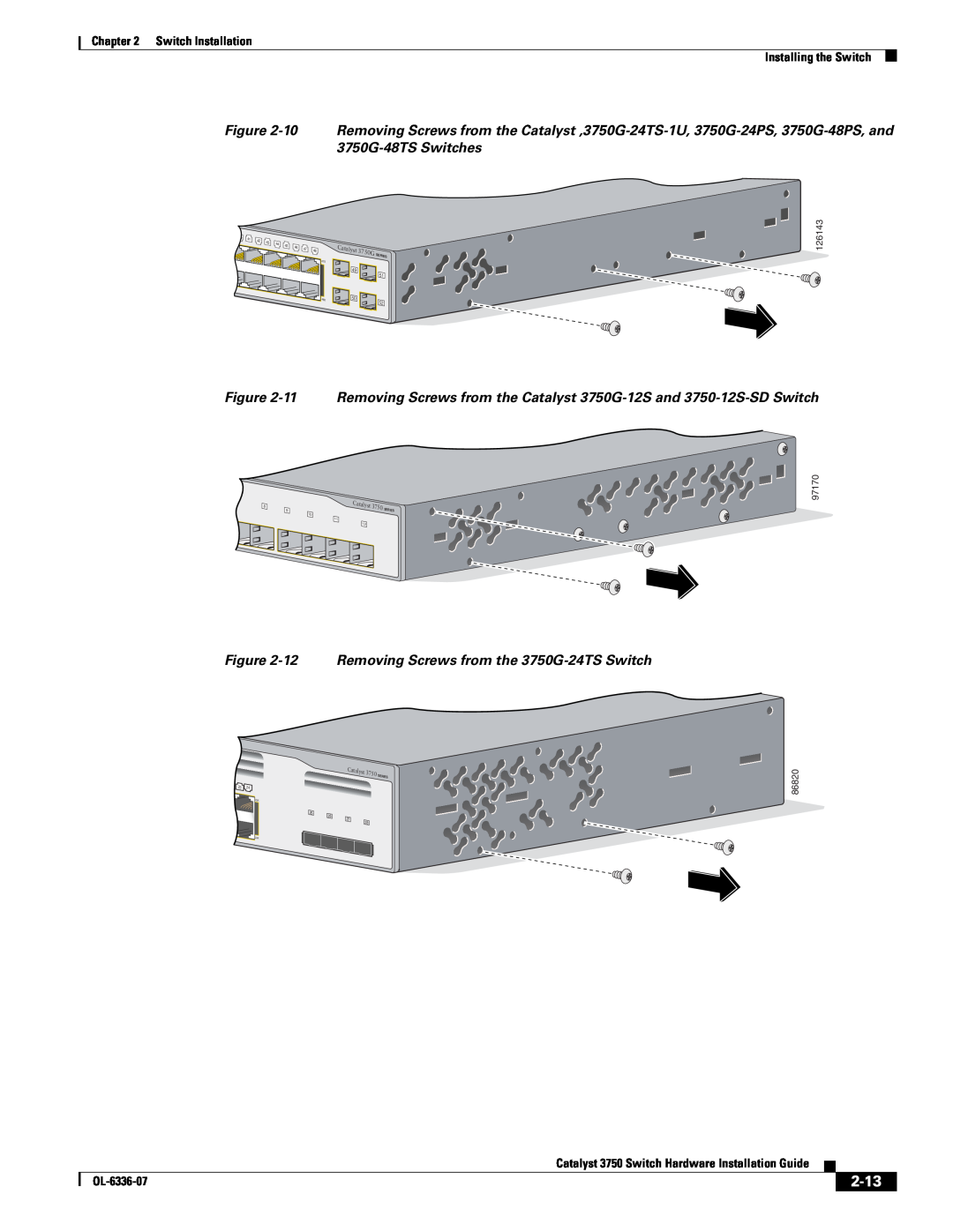 Cisco Systems WSC3750X24TS specifications 2-13, 12 Removing Screws from the 3750G-24TS Switch 