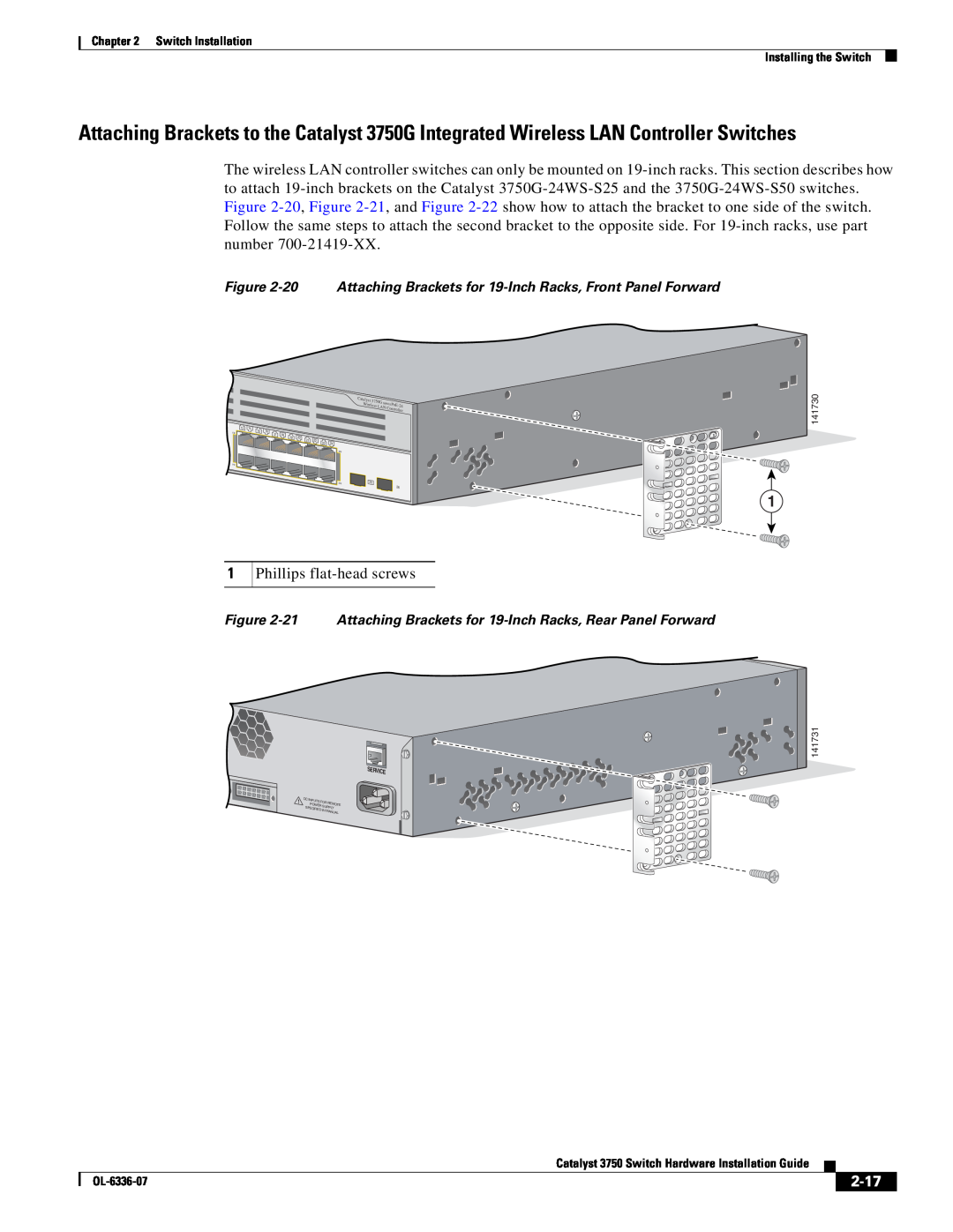 Cisco Systems WSC3750X24TS specifications 2-17, 20 Attaching Brackets for 19-Inch Racks, Front Panel Forward, Service 