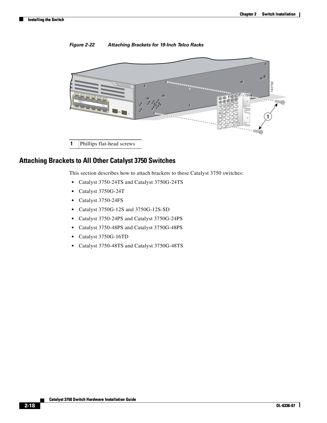 Cisco Systems WSC3750X24TS specifications Attaching Brackets to All Other Catalyst 3750 Switches, 2-18 