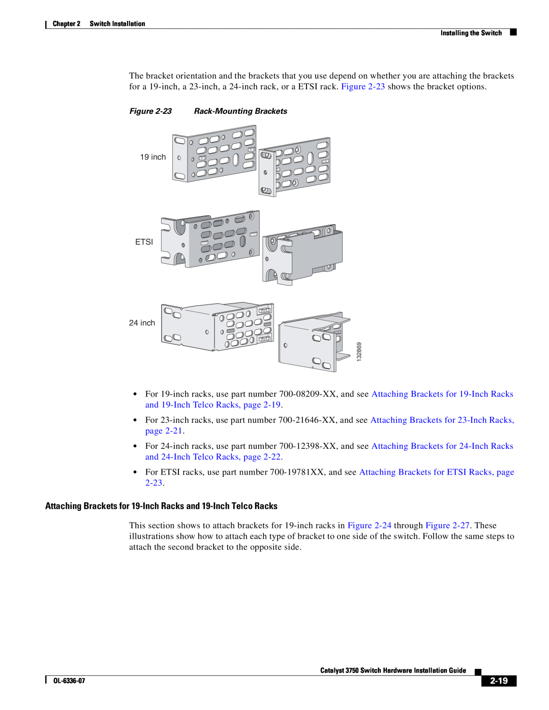 Cisco Systems WSC3750X24TS Attaching Brackets for 19-Inch Racks and 19-Inch Telco Racks, 2-19, 23 Rack-Mounting Brackets 