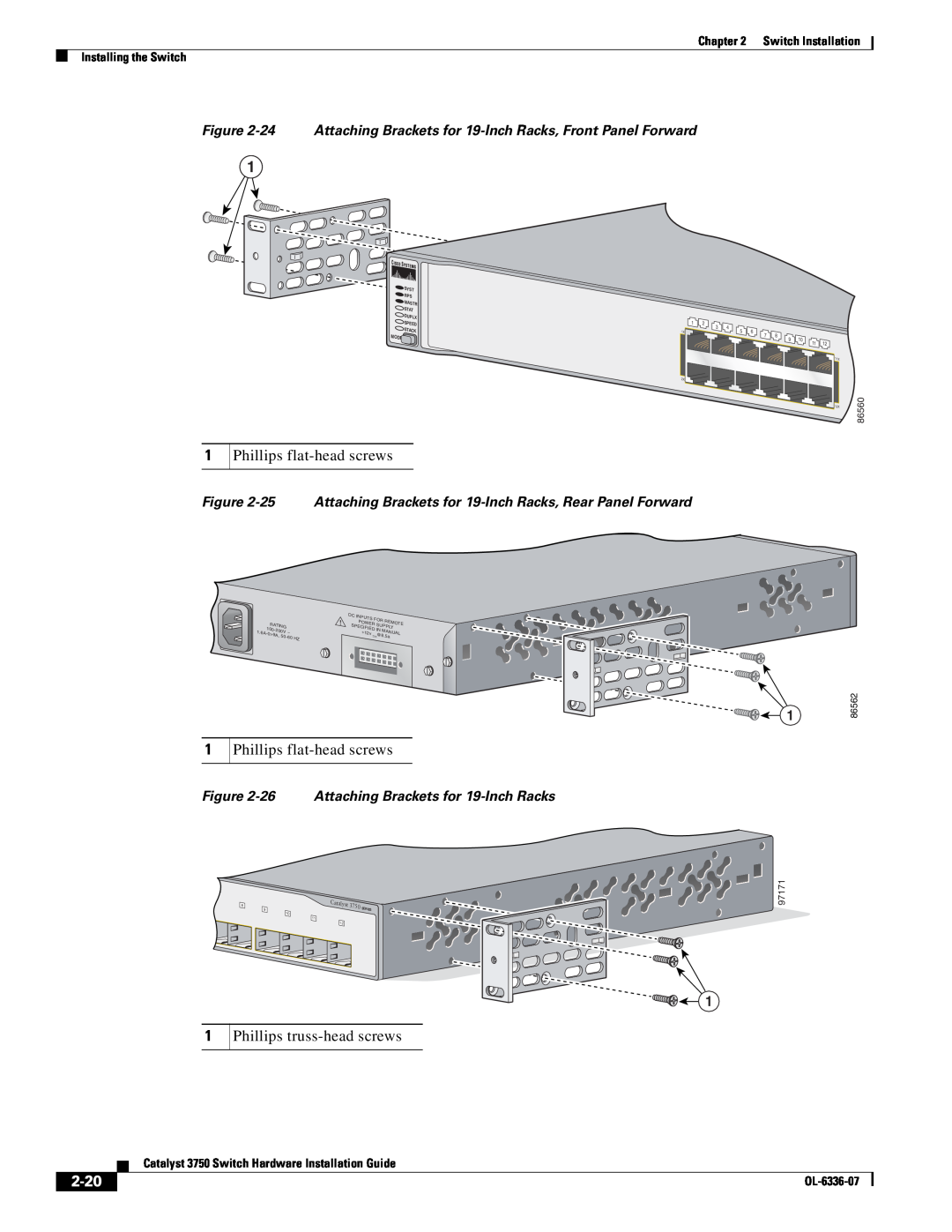 Cisco Systems WSC3750X24TS 2-20, 24 Attaching Brackets for 19-Inch Racks, Front Panel Forward, OL-6336-07, 86560, 86562 