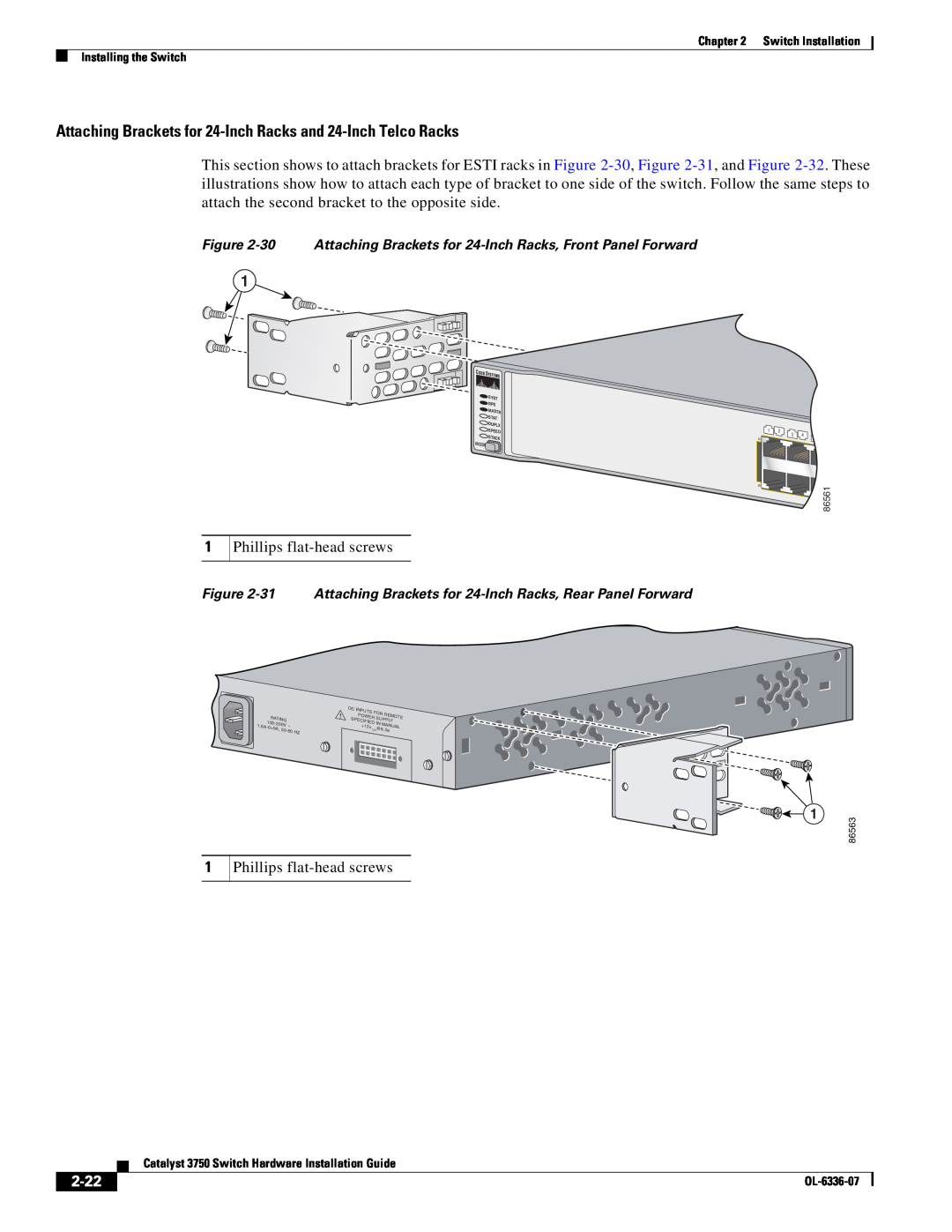 Cisco Systems WSC3750X24TS specifications Attaching Brackets for 24-Inch Racks and 24-Inch Telco Racks, 2-22 