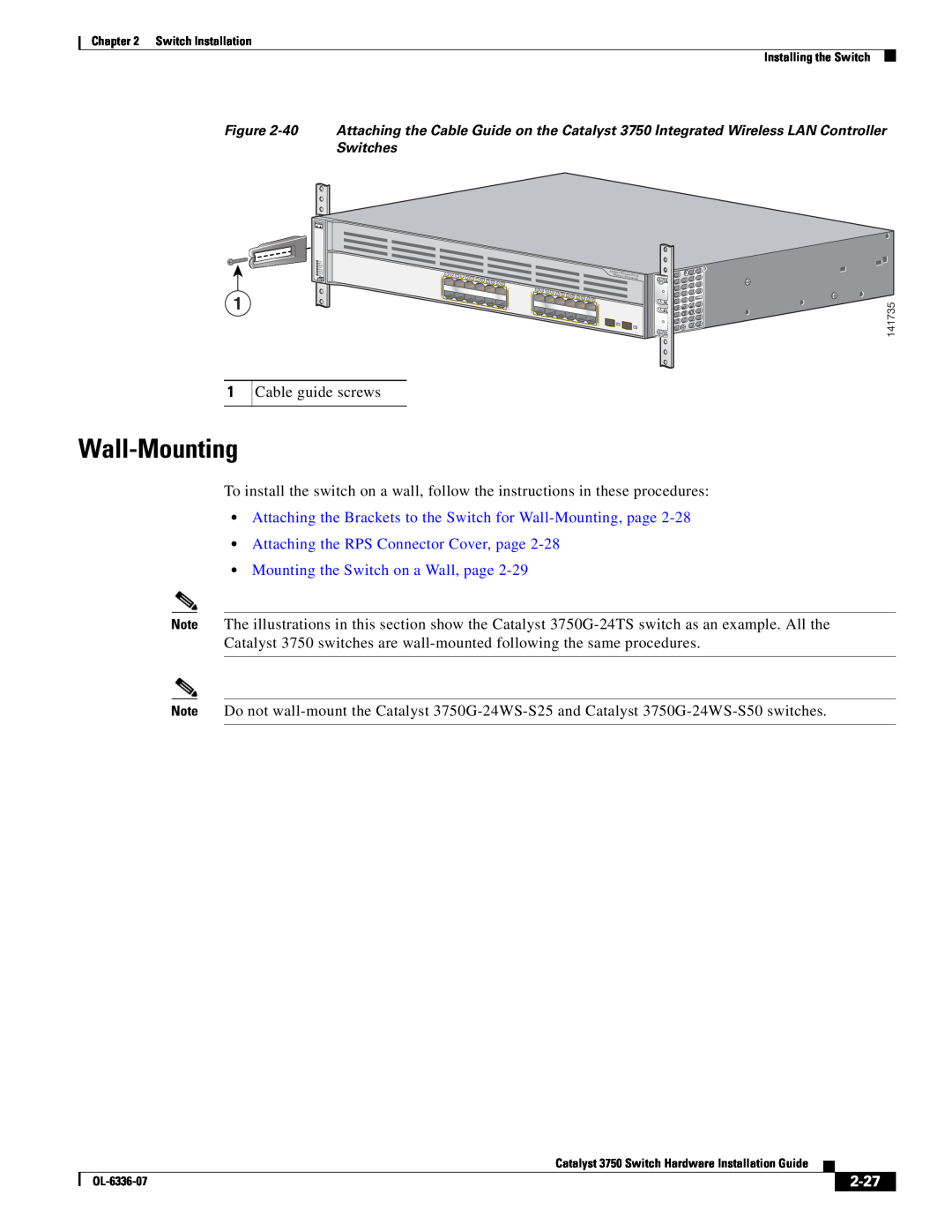 Cisco Systems WSC3750X24TS specifications Attaching the Brackets to the Switch for Wall-Mounting, page, 2-27 