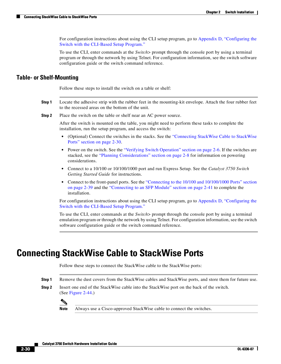 Cisco Systems WSC3750X24TS specifications Connecting StackWise Cable to StackWise Ports, Table- or Shelf-Mounting, 2-30 