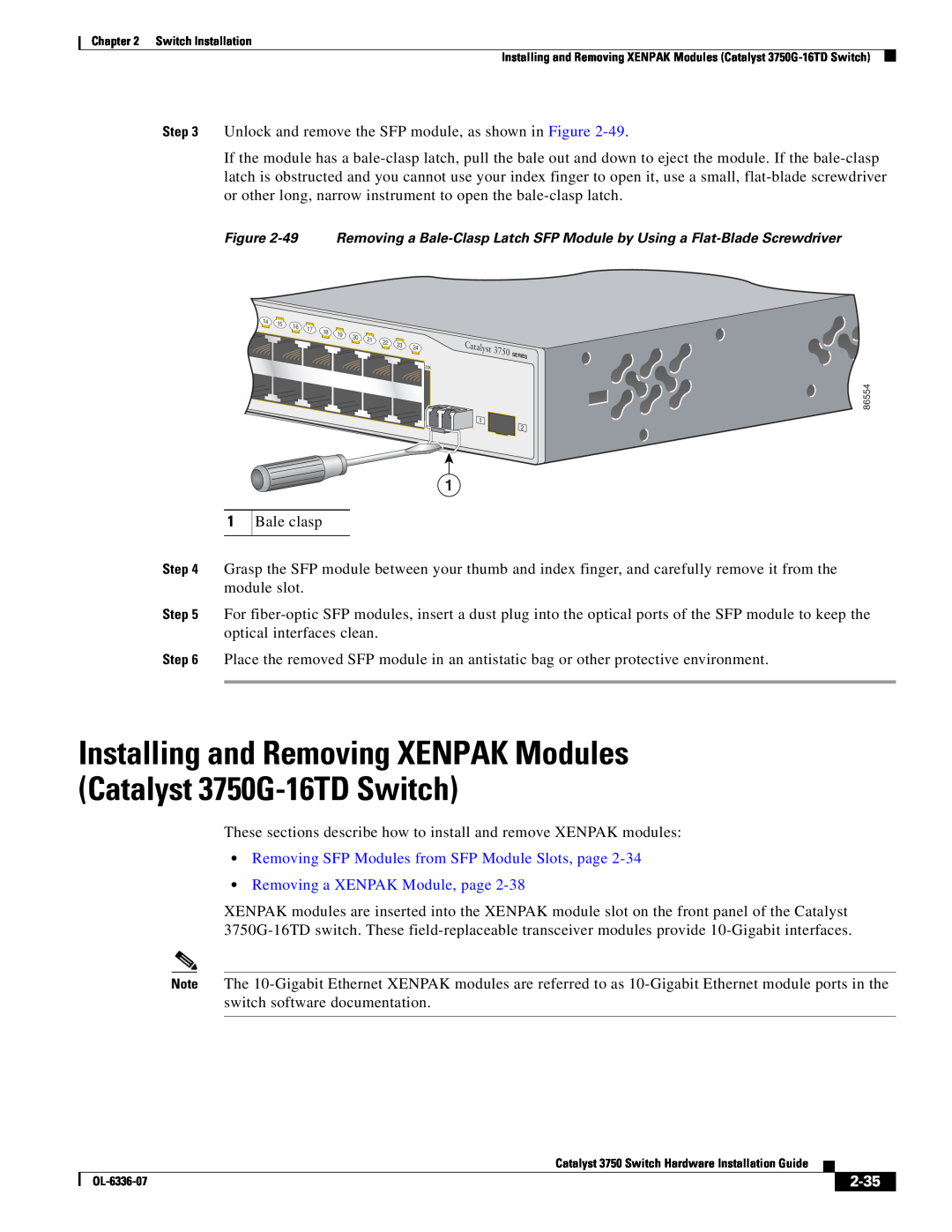 Cisco Systems WSC3750X24TS specifications Installing and Removing XENPAK Modules Catalyst 3750G-16TD Switch, 2-35 